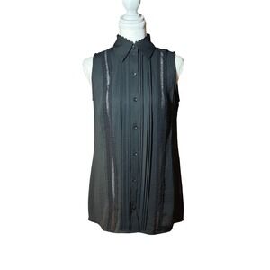 NWOT Cabi Black Sleeveless Pintuck Lace Trim Button Down Blouse Top 3266 XS